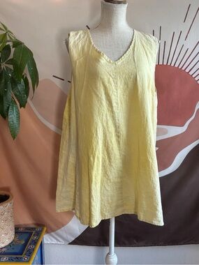 FLAX Jeanne Engelhart Linen Tank Shirt Womens Sz L Yellow Sun Bleached Lagenlook